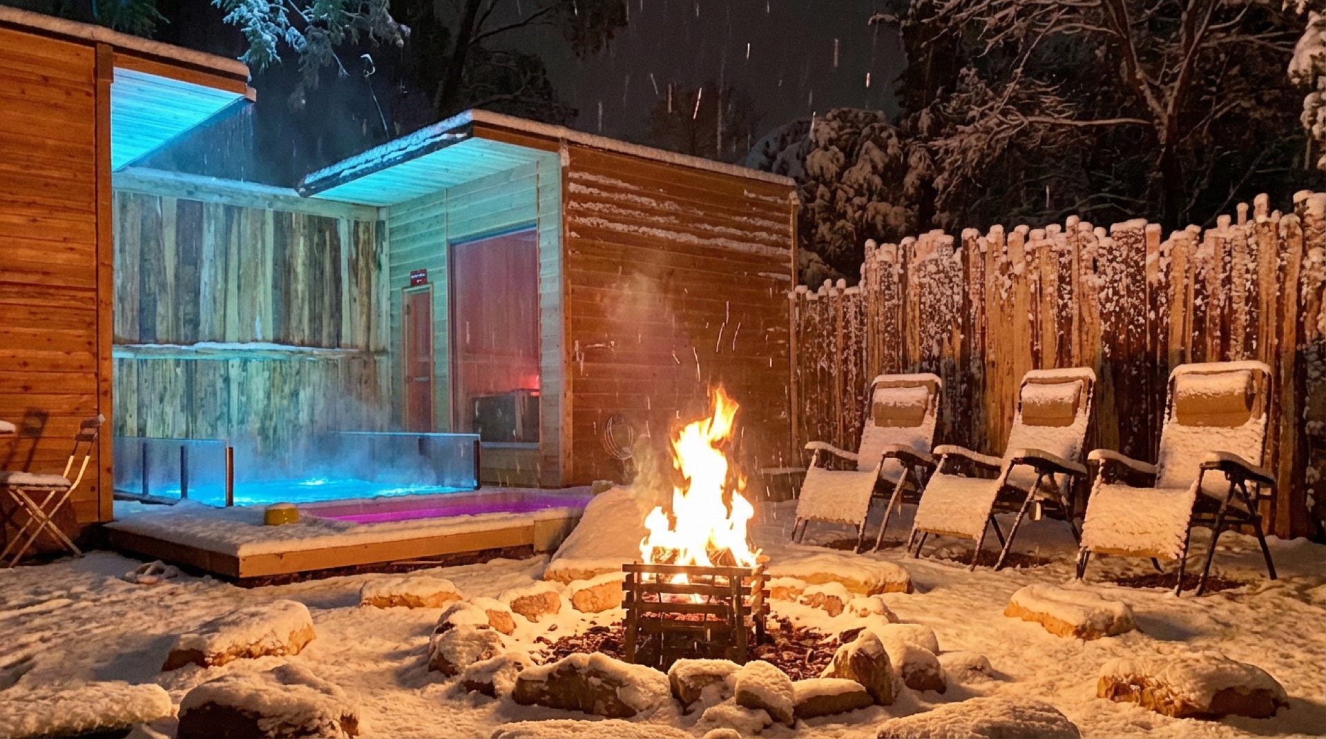 雪の夜、木々に包まれた森のサウナと焚き火